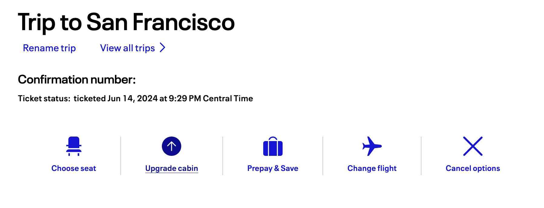 Trip to San Francisco United Airlines screenshot